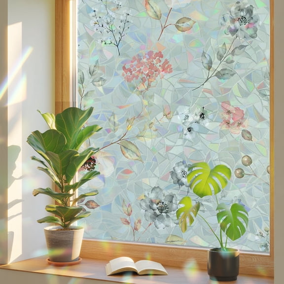 Cream Poppies Window Privacy Film, Modern Boho Chic Floating Petals Green Floral Botanical Stained Glass Rainbow Film Decorative Window Clings, Static Cling Sun Blocking Stickers 19.6" x 39.3"