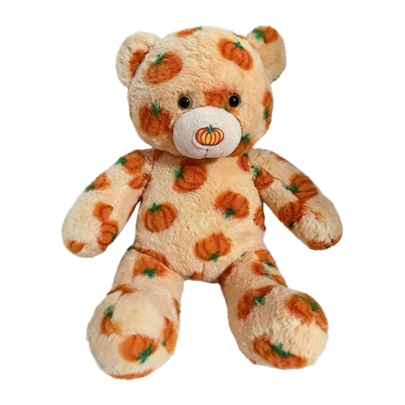 Cream Pumpkin Pattern 16 Inch Plush Teddy Bear, Harvest Season Stuffed Animal with Embossed Pumpkin Nose, Cozy Sofa Tabletop Fall Ornament (White)