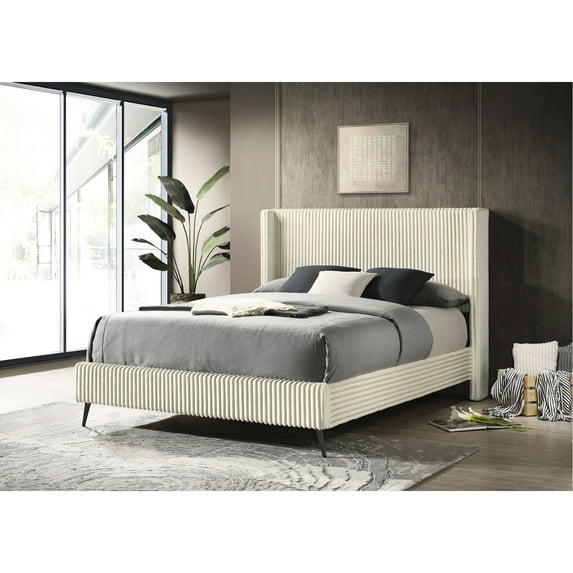Cream Queen Bed - Wide Wale Corduroy Upholstery, Distinctive Wing Back Headboard For Comfort, 4 Wooden Slats Colored Elegant Headboard, Modern Bedroom Furniture,