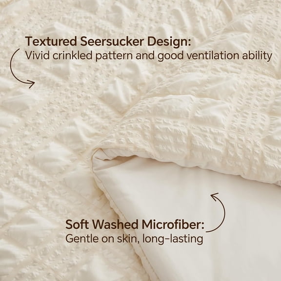 Cream Queen Comforter Set, 3 Pieces Fluffy Lightweight Beige Seersucker Comforter, Soft Breathable All Season Bedding with Pillowcases for Bedroom