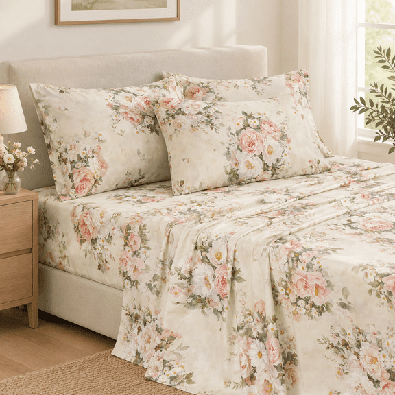 Cream Queen Size 100% Cotton Twill Satin Weave 4-Piece Bed Sheet Set