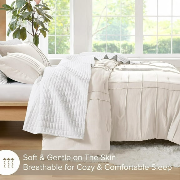 Cream Queen Size Comforter Set - 3 Pieces Pintuck Pleated Bedding Sets, All Season Lightweight, Extra Softness Pre-Washed Microfiber Queen Bed Set, Shams