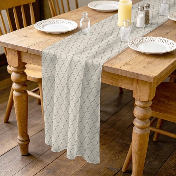 Cream Quilted Lines 10ft Cheesecloth Table Runner for Wedding 27"x120", Minimalist Rhombus Pattern Diamond Grid Kitchen Dinner Sheer Tulle Chiffon Dresser Scarf, Holiday Party Decorations