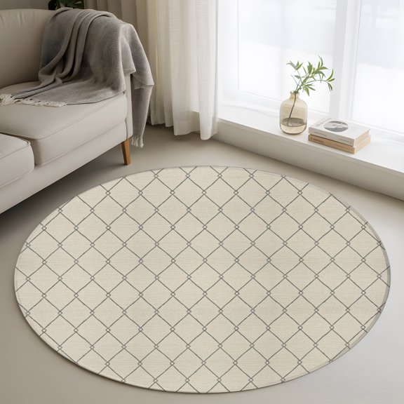 Cream Quilted Lines 3FT Round Area Rug Minimalist Rhombus Pattern Diamond Grid Soft Small Round Rugs Non-Slip, Ultra-Thin Washable Rug Low Pile Circle Carpet for Bedroom Kitchen Nursery