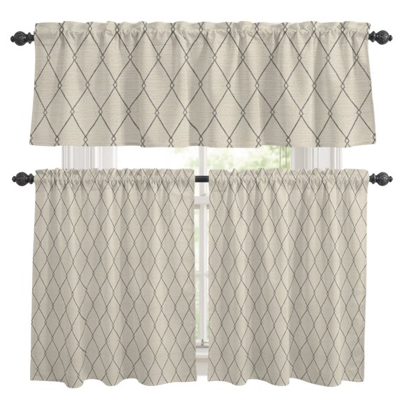 Cream Quilted Lines Kitchen Curtains Valances 3 Piece Set, Minimalist Rhombus Pattern Diamond Grid Rod Pocket Tier Curtain and Valance Drapes for Small Window 36 Inch Length for Bedroom Cafe