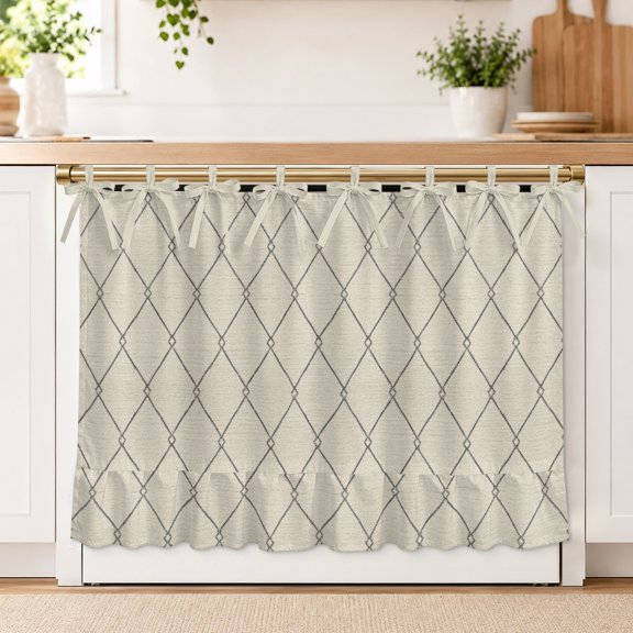 Cream Quilted Lines Oven Skirt Curtain for Kitchen Decor 27 x 20 Inch Minimalist Rhombus Pattern Diamond Grid Ruffle Oven Door Cover with Ties, Decorative Oven Skirt for Dishwasher, Stove, Cabinet