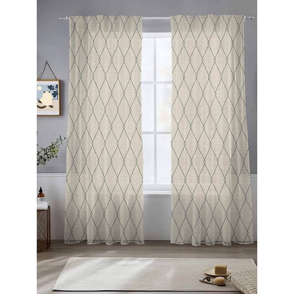 Cream Quilted Lines Sheer Curtains 108 inches Long, Minimalist Rhombus Pattern Diamond Grid Light Filtering Sheer Window Curtains Rod Pocket Voile Drapes for Bedroom Living Room, 2 Panels