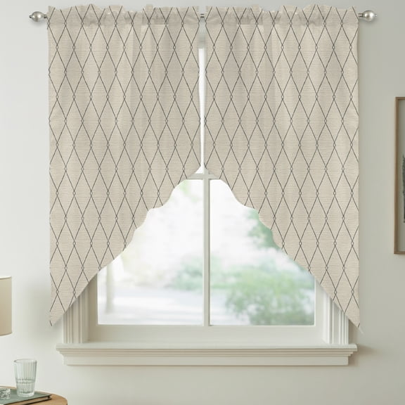 Cream Quilted Lines Swag Kitchen Curtain Valances, Minimalist Rhombus Pattern Diamond Grid Rod Pocket Curtains Window Treatment Decor Valances for Bedroom Bathroom, 2 Panels 36 x 36 Inch