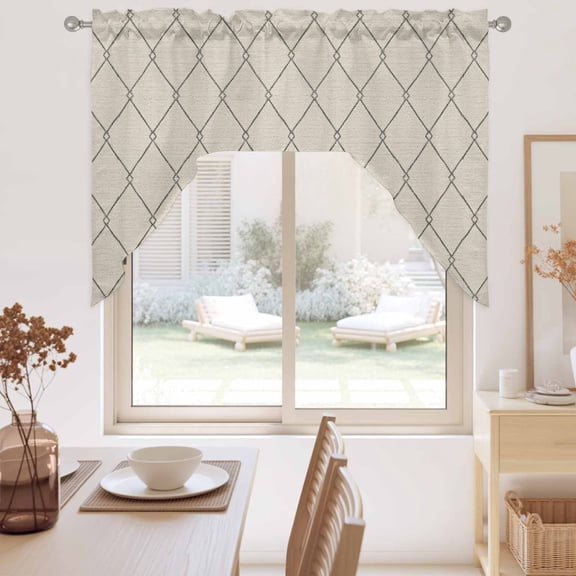 Cream Quilted Lines Swag Valance for Windows, Minimalist Rhombus Pattern Diamond Grid Swag Curtains Valances for Small Window Treatment Rod Pocket for Kitchen Bathroom 1 Panel 56x36in