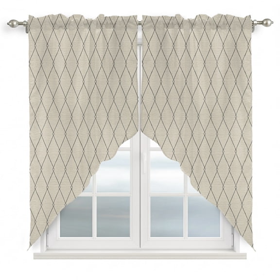 Cream Quilted Lines Swag Valances for Windows 2 Pack Minimalist Rhombus Pattern Diamond Grid Swag Kitchen Curtains 36 Inches Long Rod Pocket Short Window Treatment for Kitchen Bathroom 28"x36"