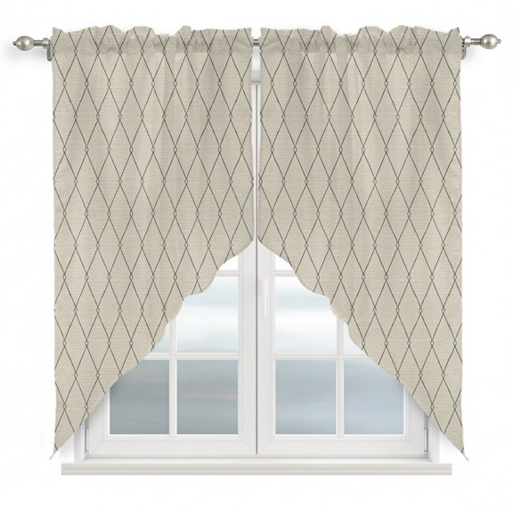 Cream Quilted Lines Swag Valances for Windows 2 Pack Minimalist Rhombus Pattern Diamond Grid Swag Kitchen Curtains 36 Inches Long Rod Pocket Short Window Treatment for Kitchen Bathroom 36"x36"