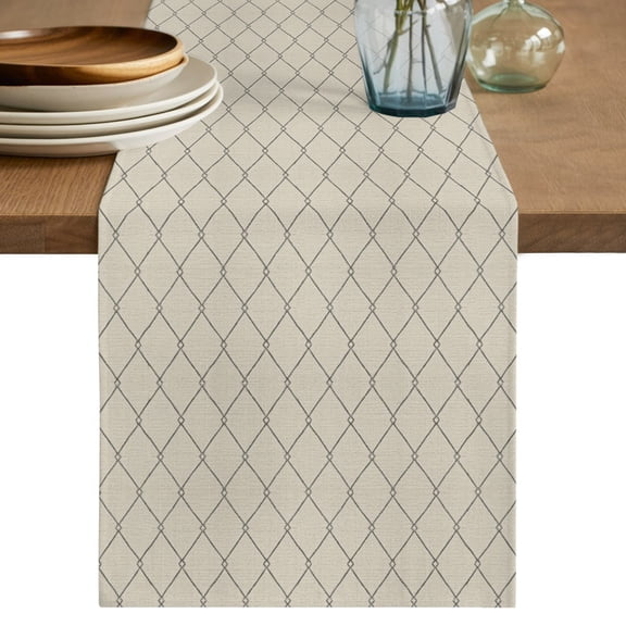 Cream Quilted Lines Table Runner, Minimalist Rhombus Pattern Diamond Grid Cotton Linen Table Cloth, Tablerunner for Kitchen Dining Party Wedding Home Decor 13x36 Inch