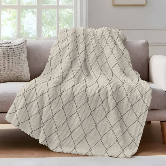 Cream Quilted Lines Throw Blanket for Couch Minimalist Rhombus Pattern Diamond Grid Soft and Warm Flannel 3D Striped Fluffy Fuzzy Fleece Blanket Lightweight Throw for Bed, Sofa 30 x 40 Inches