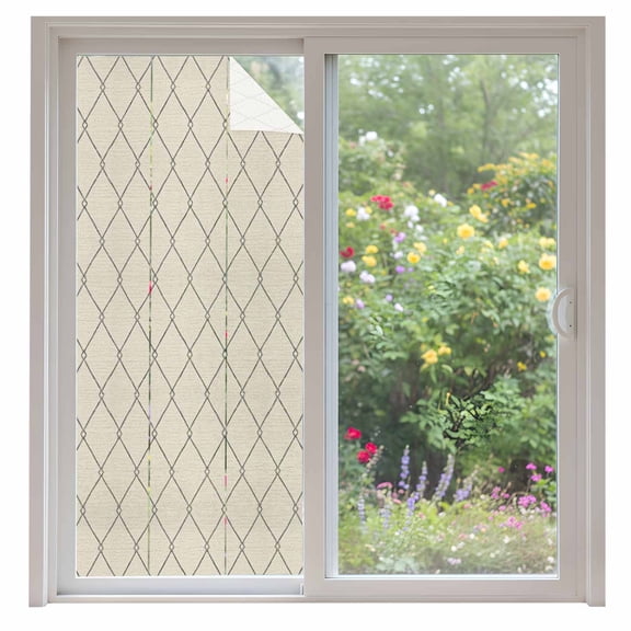 Cream Quilted Lines Window Privacy Film Minimalist Rhombus Pattern Diamond Grid Decorative Glass Window Film UV Blocking Static Cling Non-Adhesive Sticker Covering for Home Door 35.4x78.7 inches