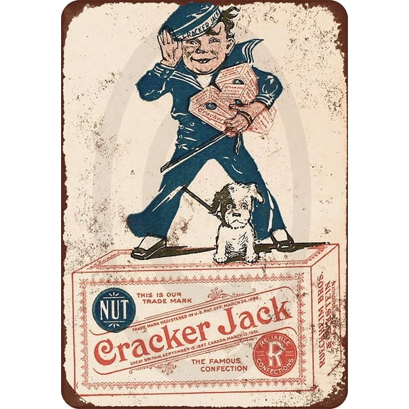 Cream Retro 1918 Cracker Jack Candy Tin Sign Personalized Vintage Metal Art for Ranch Pub Bar Yard Laundry 8x12 Inch
