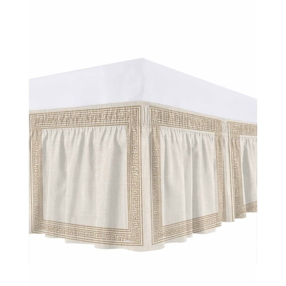 Cream Retro Greek Key Bed Skirt King Size,Geometric Greece Ancient Farmhouse Rustic Wrap Around Bed Skirting with Adjustable Elastic Strap,Dust Ruffle Pleated Bedskirts 16 Inch Drop for Bedroom Beds