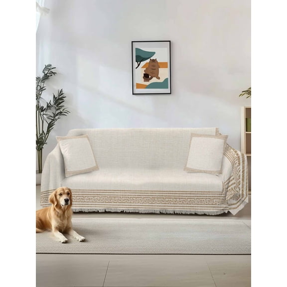 Cream Retro Greek Key Couch Cover, Geometric Greece Ancient Farmhouse Rustic Sofa Cover Blanket for 1 Seat Cushion, Sectional Sofa Slipcover Furniture Protector for Living Room Bedroom 71''x91''
