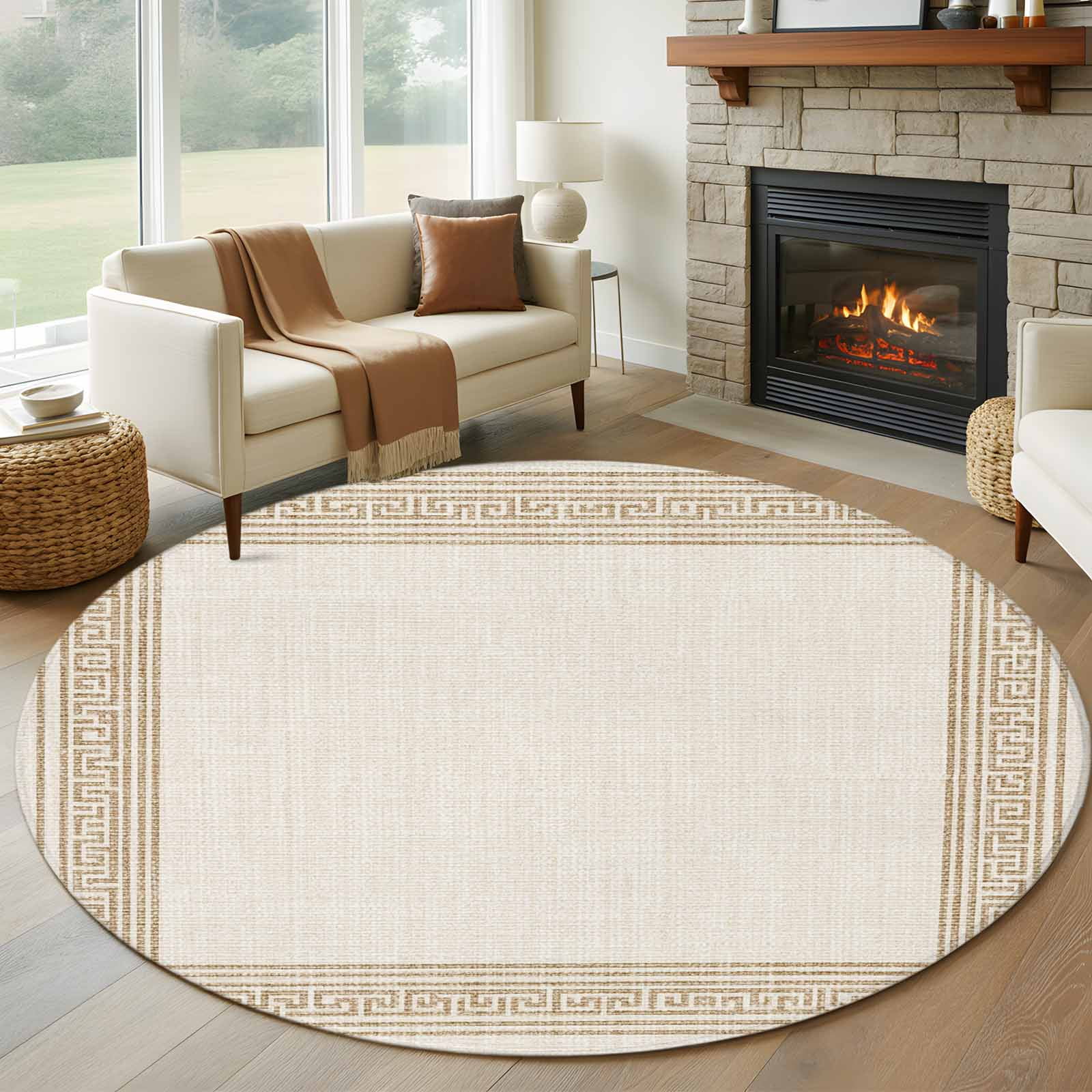Greek Round Rug Texture Cream Retro Greek Key Large Round Rug 8 FT,Non Slip Living Room Area ...