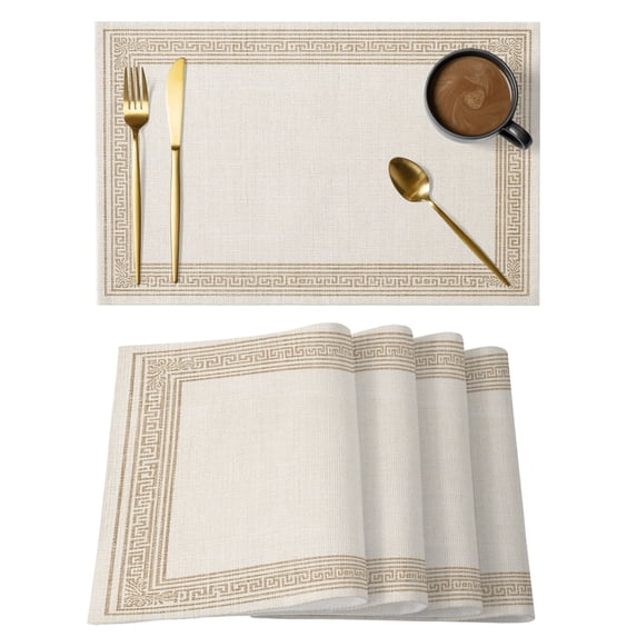 Cream Retro Greek Key Placemats Set of 2,Cotton Linen Fabric Place Mats,Geometric Greece Ancient Farmhouse Rustic Decorative Table Mats Protector for Home Kitchen Dining Wedding Party Coffee Tables