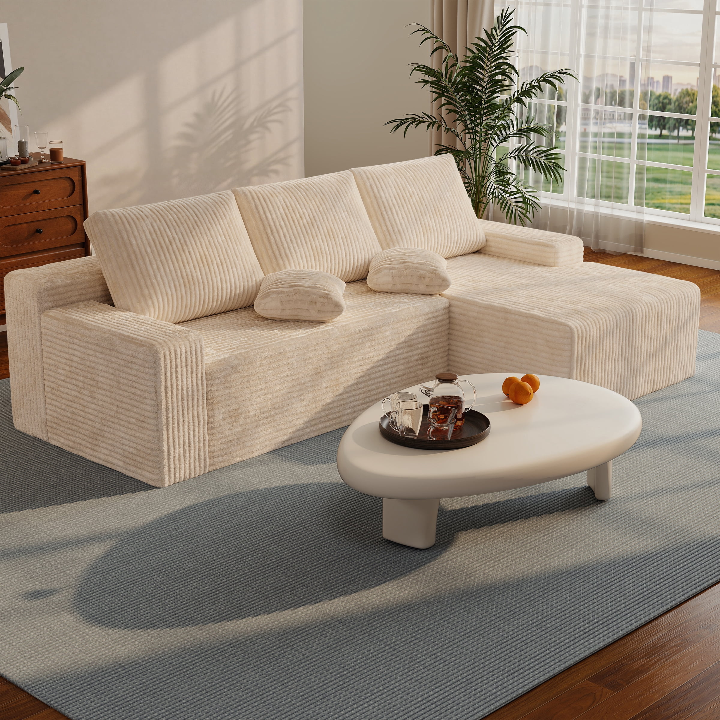 Cream Right Chaise L-Shaped Corduroy Sectional Sofa, Modern Deep Seat ...