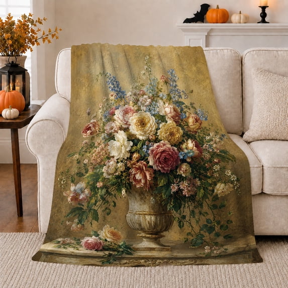 Cream and Rose Bouquet in Stone Urn Soft Flannel Blanket, Graceful Vintage Home Decor for Cottage Floral Lovers, Valentine's Day Gift with Golden Garden Mood for Bedroom and Sunroom