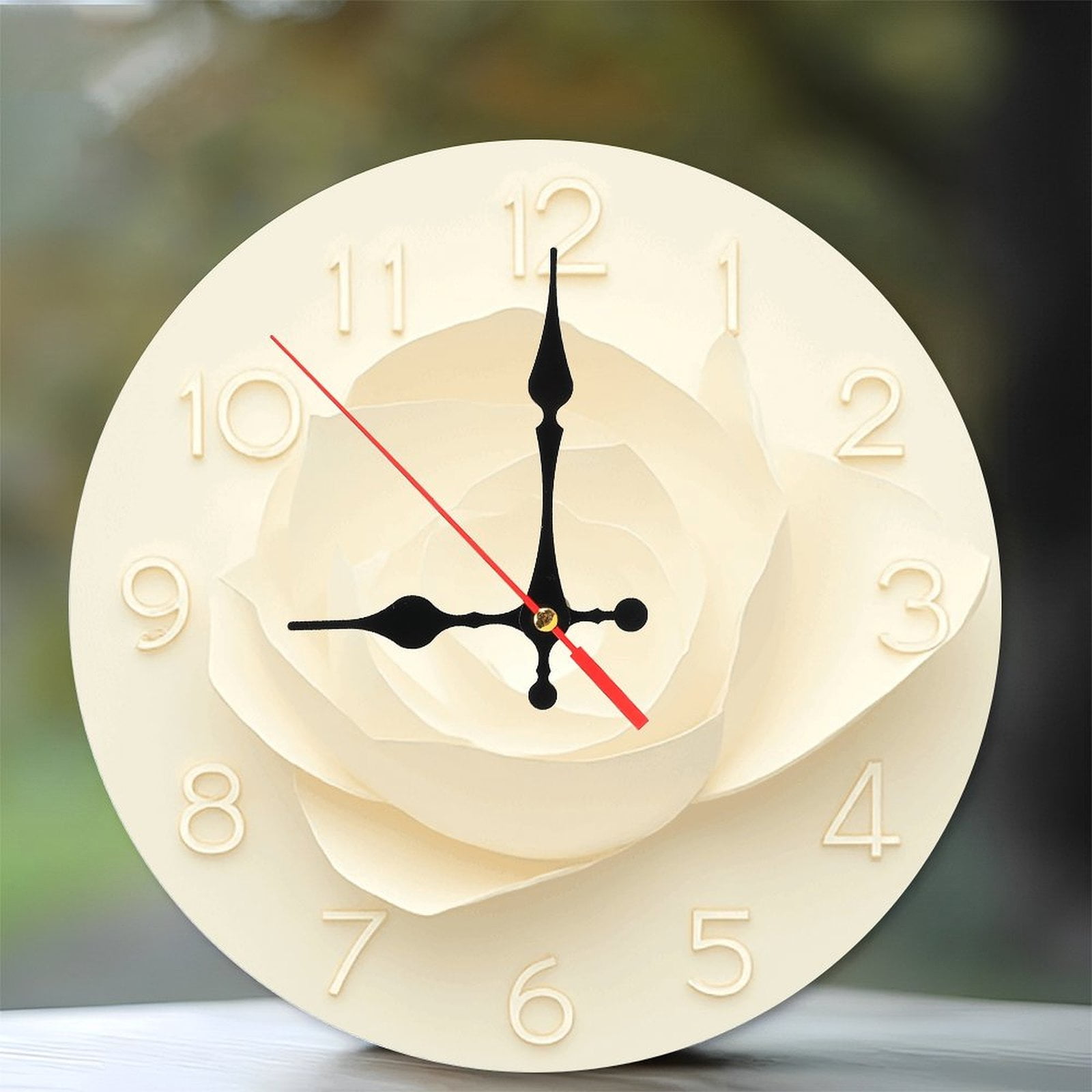 Cream Rose Flower Wall Clock Home Decor 10-Inch Silent Wooden Wall ...
