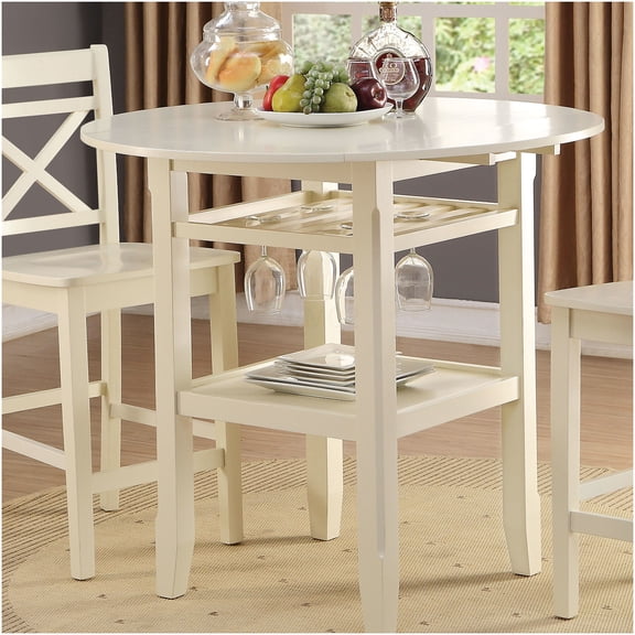 Cream Round Drop-Leaf Counter Table with Stemware Storage, 2-Tier Space-Saving Dining Table