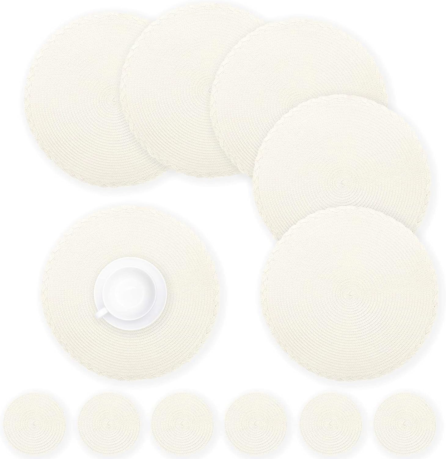 Cream Round Woven Placemats Set of 6 Heat Resistant, Wipeable, 34 cm