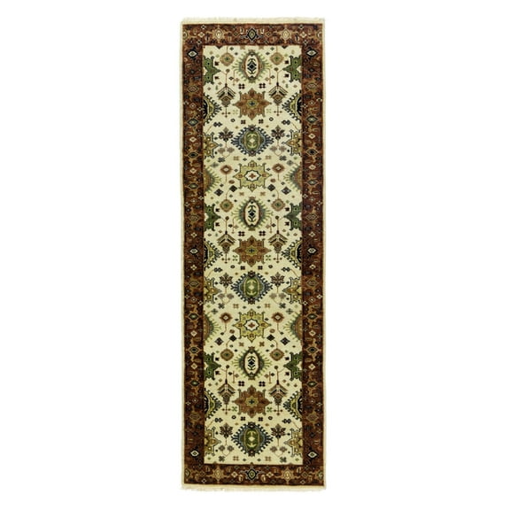 Cream & Rust Tribal Geometric 3X8 Indo-Karajeh Oriental  Runner Rug