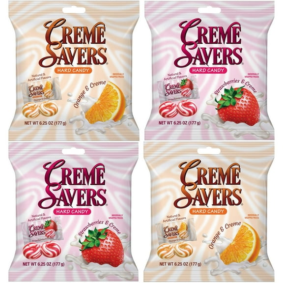 Cream Savers Strawberry & Cream and Orange & Cream, 6.25 Ounce Bag Pack of 4 2 of Each Flavor, Individually Wrapped Hard Candy, Orange Candy, Strawberry Candy, The Hampton Candy Company