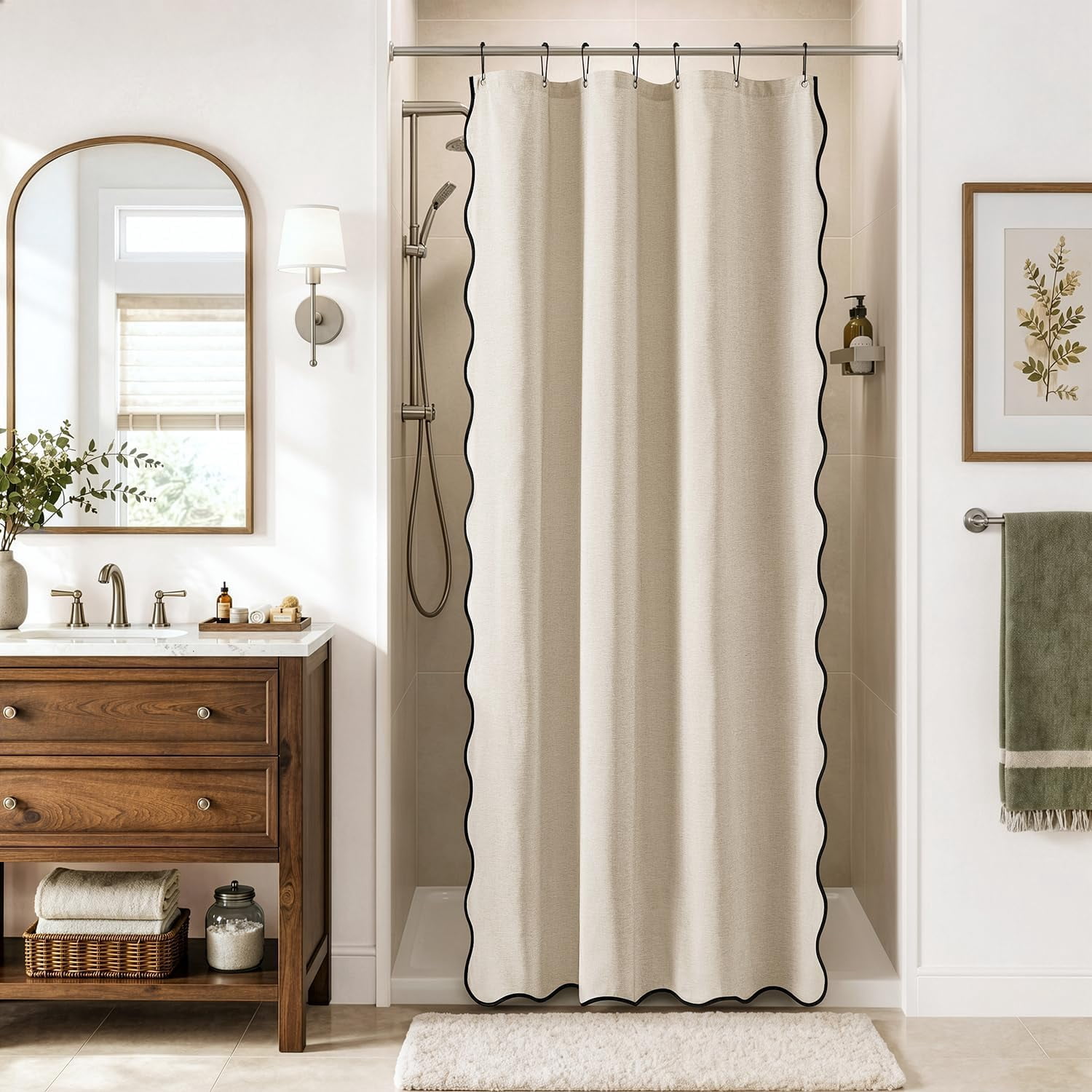 Cream Scalloped Linen Shower Curtain 42x72 Inches | Waterproof ...