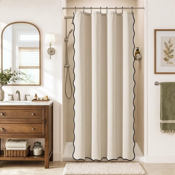 Cream Scalloped Linen Textured Shower Curtain with 8 Metal Hooks, Waterproof Washable Heavy Duty Cloth with Black Border, 48x72 Inch Bathroom Decor
