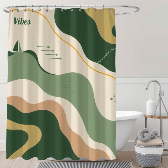 Cream Shower Curtain with Green & Yellow Waves and 'Vibes' Print - Stylish Bathroom Decor