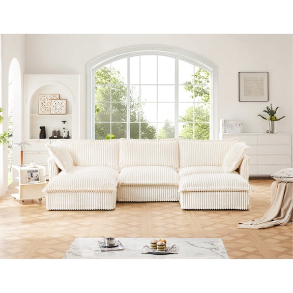 Cream Slipcovered Sofa with French Edges and Big Pillows | Suitable for Various Home Scenes like Home Theater | Ensures Comfortable Support with Sturdy Frame
