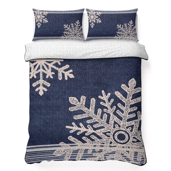 Cream Snowflake 3 Piece Quilt Bedding Set with 2 Pillow Shams, Winter Cottagecore Striped Border Deep Navy Lightweight Bedspread Coverlet, Soft Breathable All Season Quilt, 68 x 86 Inch