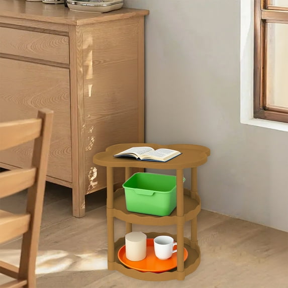 Cream Sofa Side Table, Small Coffee Table, Living Room End Table, Plastic Construction, 3-tier Assembled Shelf, Movable Floor Storage Organizer for Bedroom, Desk, Dorm, in Khaki, by FAJHHA