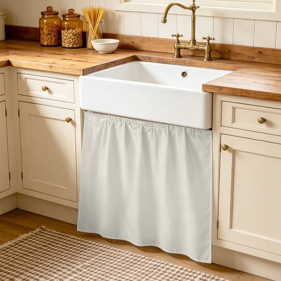 Cream Solid Color Cabinet Curtains 35"W x 35"L, Aesthetics Contemporary Luxury Sink Skirt for Bathroom Vanity Kitchen Self Adhesive, Dust-Proof Privacy Curtain for Shelves Closet Laundry Room Pantry