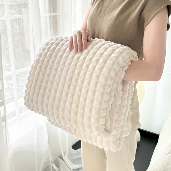 Cream Solid Fleece Throw Blanket 40x28 Inches Soft Warm Fluffy Decorative Striped Blanket for Couch