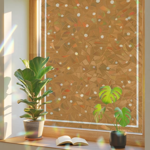 Cream Speckle Window Privacy Film, Luxe Beige Frame Foil Polka Dot Gold Stained Glass Holographic Film Decorative Window Clings, Static Cling Sun Blocking Stickers 17.7" x 39.3"