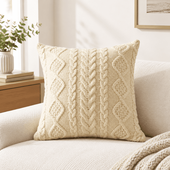 Cream Square Knit Decorative Throw Pillow Cover 18x18 Inches