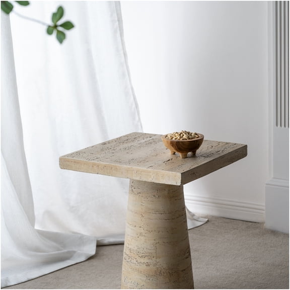 Cream Square Pedestal Side Table for Living Room, Modern End Table with Sturdy Magnesium Oxide Base