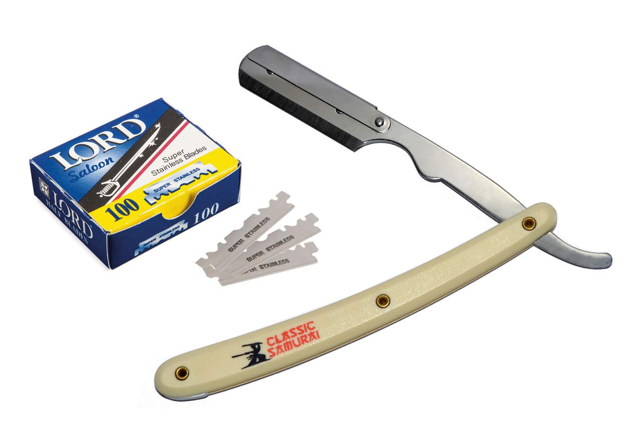 Cream Stainless Steel Professional Barber Straight Edge Razor with 100 Lord Single Edge Razor Blades