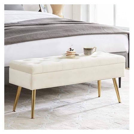 Cream Storage Ottoman for Bedroom, End of Bed Bench with Lid - Entryway Footrest with Hidden Storage - Upholstered Tufted Ottoman, 40x14x17
