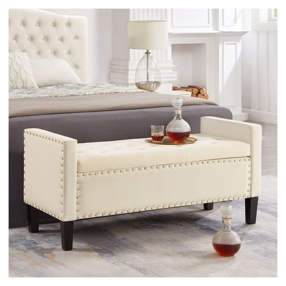 Cream Storage Ottoman with Armrests, Tufted Button Upholstered Bench, Living Room Bedroom Seating with Hidden Storage, 47.2" x 18.5" x 22"