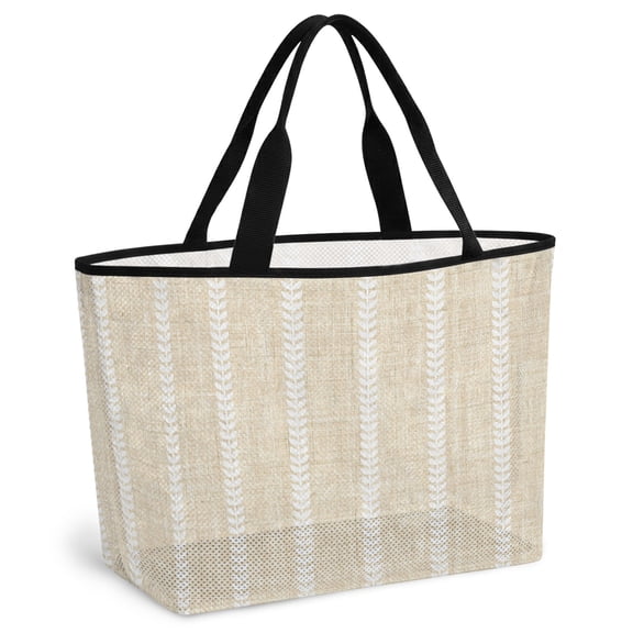 Cream Striped Beach Bag for Women, Large Breathable Mesh Beach Tote Bag, Modern Rustic Minimalist Lines Texture Sandproof Lightweight Travel Bags for Vacation Picnic Swimming Pool 15.7"x15.7"x9.1"