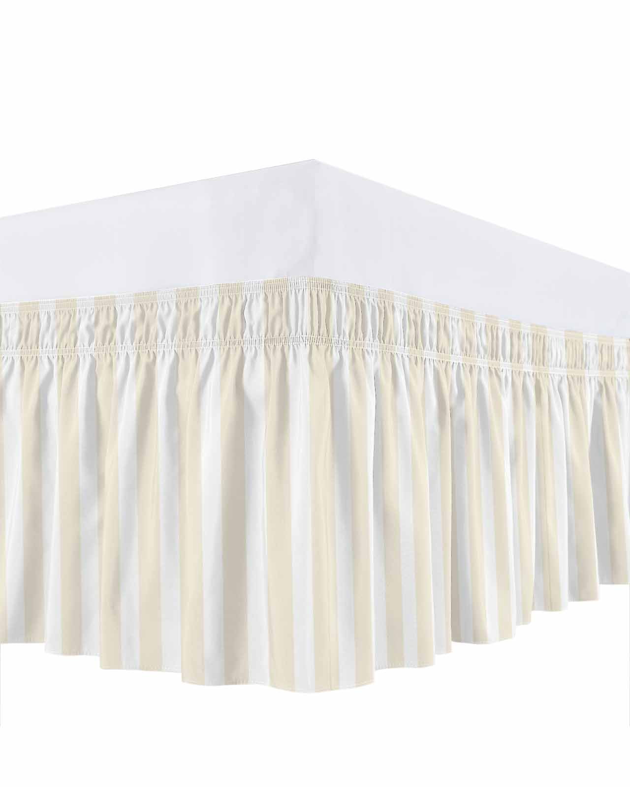 Cream Striped Bed Skirt Queen Size, Modern Farmhouse Cream White Stripes Wrap Around Bed Skirting with Adjustable Elastic Strap, Dust Ruffle Pleated Bedskirts 18 Inch Drop for Bedroom Queen Beds