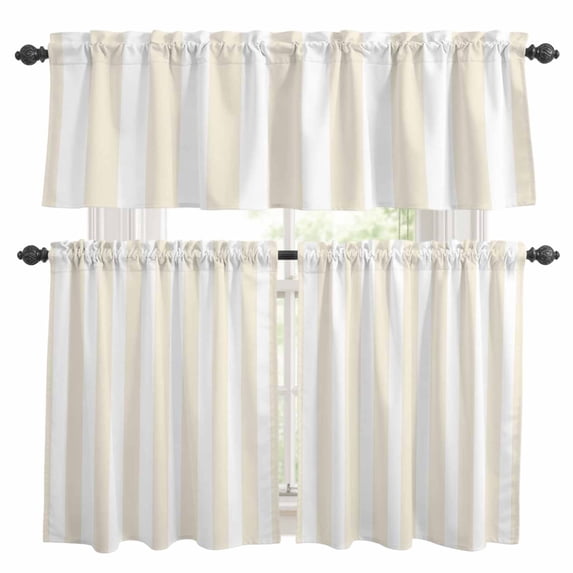 Cream Striped Kitchen Curtains Sets for Windows 36 Inch Length, Modern Farmhouse Cream White Stripes Rod Pocket Window Treatments Tier Curtains and Valances Set for Bedroom/Bathroom