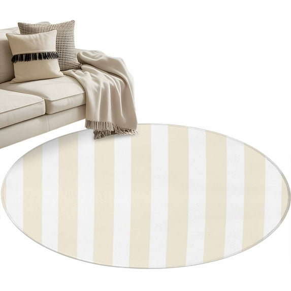 Cream Striped Large Area Rugs for Bedroom Living Room, Soft Non Slip Carpet Bedside Rug, Modern Farmhouse Cream White Stripes Round Floor Cover Kitchen Accent Rug 3' for Dining Room/Office