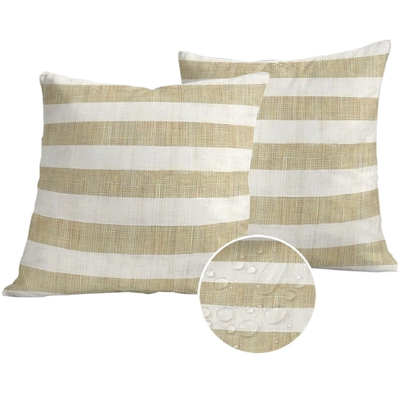 Cream Striped Outdoor Pillow Covers 26x26 Set of 2, Waterproof Patio Throw Pillowcase Protectors, Farmhouse Vintage Brown Stripes Square Decorative Pillow Shams Cushion Covers for Seat Bed Couch Sofa