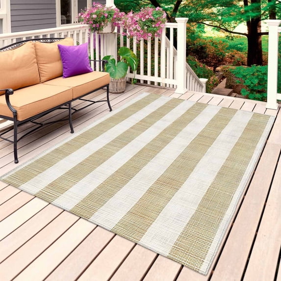 Cream Striped Outdoor Rug for Patio/Deck/Porch, Non-Slip Large Area Rug 5 x 7 Ft, Farmhouse Vintage Brown Stripes Indoor Outdoor Rugs Washable Area Rugs, Reversible Camping Rug Carpet Runner